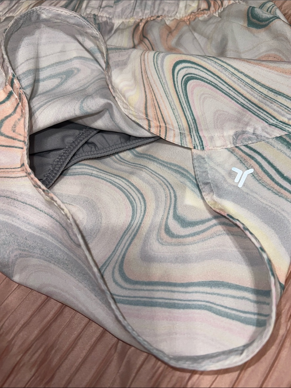 Marble-Print Satin Sleep Shorts in Pastel Green & Peach - Picture 4 of 4